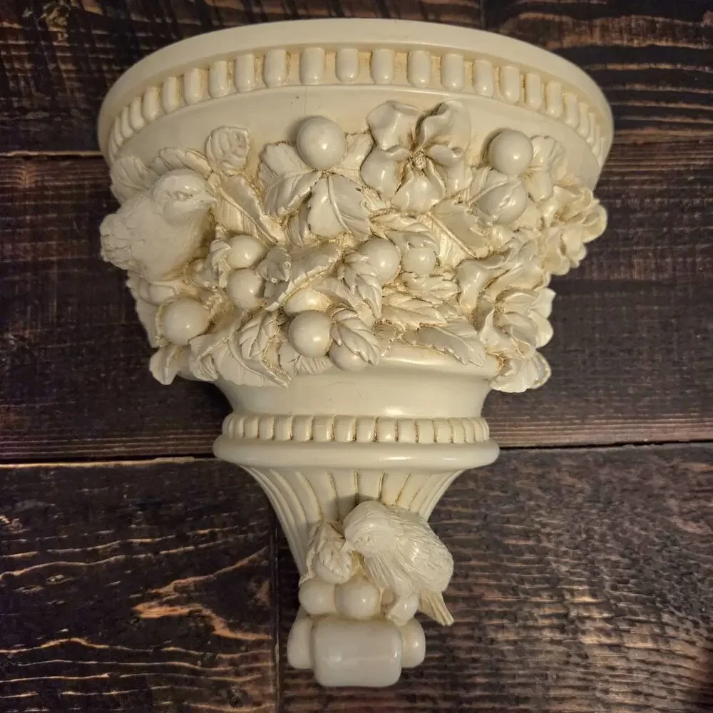 Gorgeous Wall Shelf Birds w/Fruit Antique White 3D Raised Relief Resin Detailed